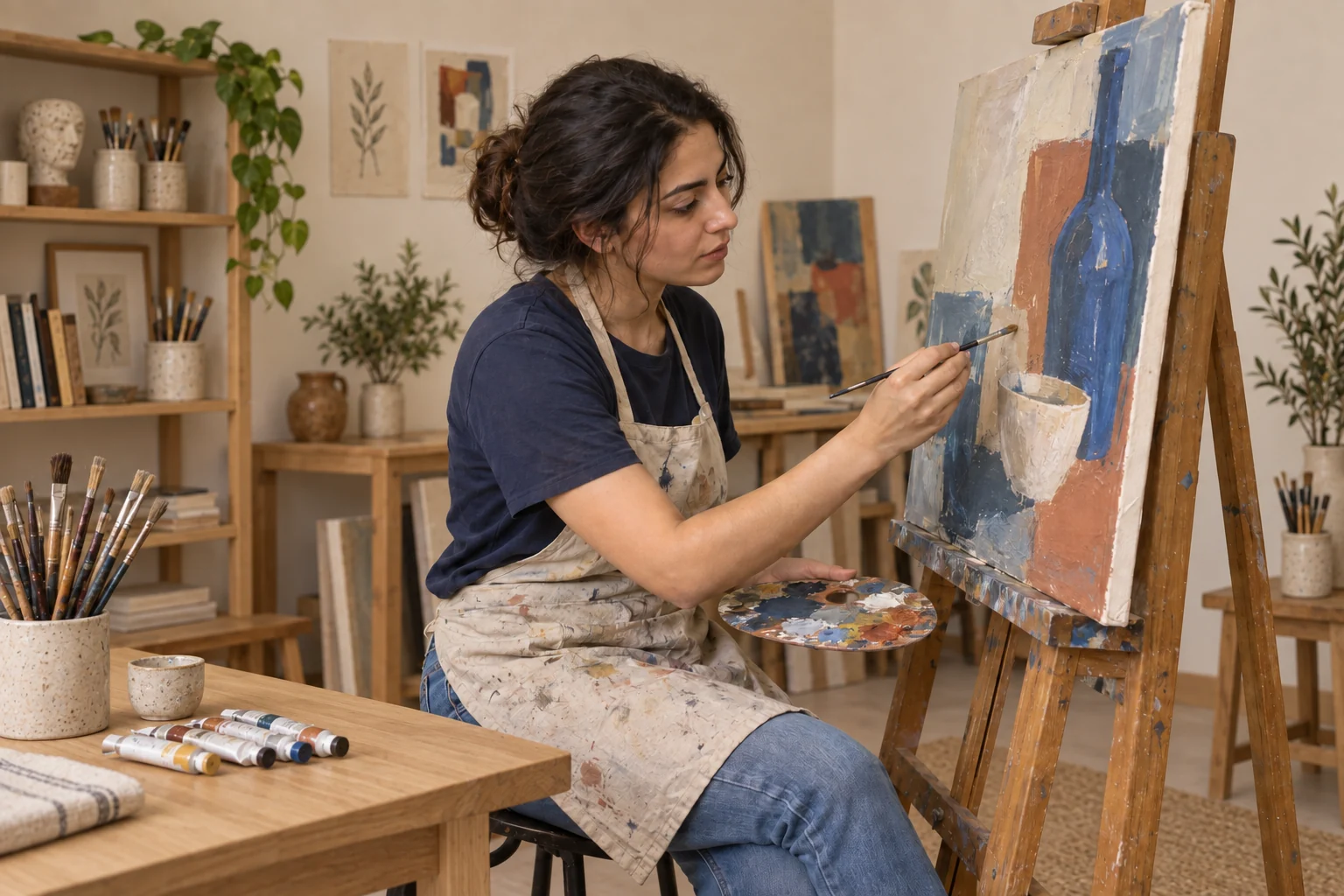 فنانة عربية بملابس كاجوال ترسم لوحة زيتية في استوديو بسيط — صورة توضيحية مولّدة